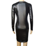 PU Leather  Long Sleeve Round Neck  Bodycon Midi Dress