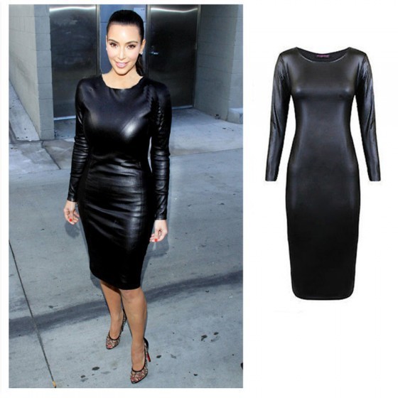 PU Leather  Long Sleeve Round Neck  Bodycon Midi Dress