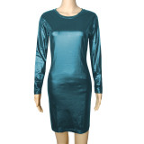 PU Leather  Long Sleeve Round Neck  Bodycon Midi Dress