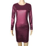 PU Leather  Long Sleeve Round Neck  Bodycon Midi Dress