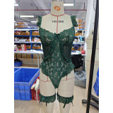 Sexy Lingerie Floral Lace Sexy Hollow See-Through Bodysuit Three Piece Set