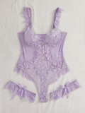 Sexy Lingerie Floral Lace Sexy Hollow See-Through Bodysuit Three Piece Set
