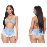 Fashion Denim Bikini Top and High Waist Shorts Two Piece Set