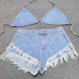 Fashion Denim Bikini Top and High Waist Shorts Two Piece Set
