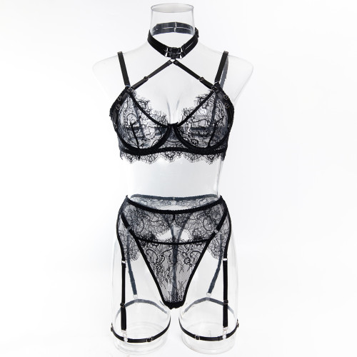 Sexy Transparent Eyelash Mesh Halter Underwired Garter Lingerie Set Underwear