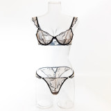 Erotic Lingerie Embroidered Underwired Bra and Pantie Ruffle Transparent Underwear