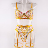 Sexy Lingerie Embroidered Lace Underwired Bra and Pantie Garter Lingerie Set Underwear