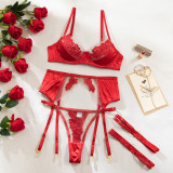Sexy Lingerie Embroidered Mesh Patchwork Underwired Garter Lingerie Set Underwear