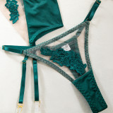 Sexy Lingerie Embroidered Mesh Patchwork Underwired Garter Lingerie Set Underwear