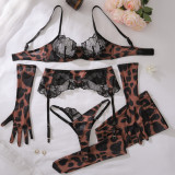 Sexy Leopard See-Through Lace Patchwork Sexy 5PCS Garter Lingerie Set
