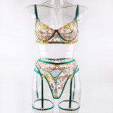 Sexy Lingerie Embroidered Lace Underwired Bra and Pantie Garter Lingerie Set Underwear