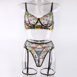 Sexy Lingerie Embroidered Lace Underwired Bra and Pantie Garter Lingerie Set Underwear
