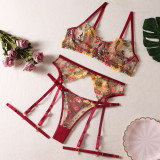 Sexy Lingerie Embroidered Lace Underwired Bra and Pantie Garter Lingerie Set Underwear