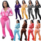Green Velvet Zipped Up Hoody Top and  Pants 2PCS Set