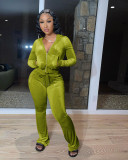 Green Velvet Zipped Up Hoody Top and  Pants 2PCS Set