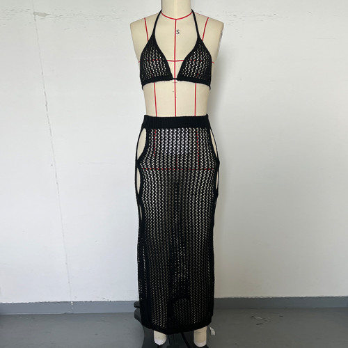 Sexy Crocheting Knit Hollow Out Bikini Top Skirt Beach Two Piece Cover-up