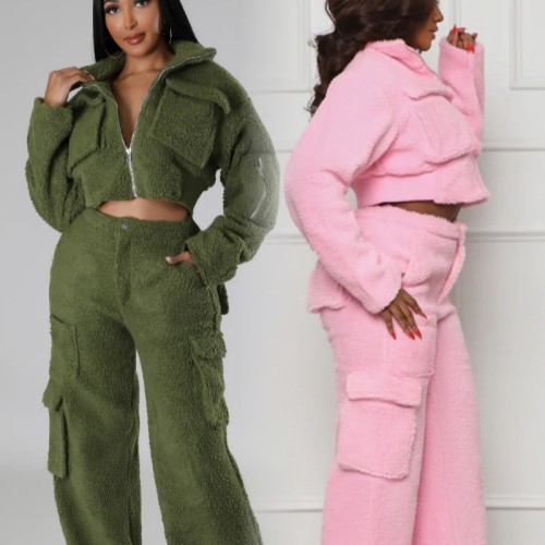 Winter Warm Fleece Solid Pocket Jacket and Wide Leg Pants Two Piece Set