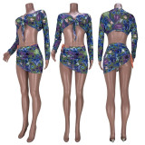 Print Sexy Tie Full Sleeve Crop Top and Ruched Mini Skirt 2PCS Set