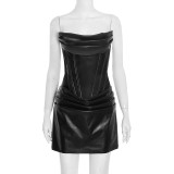PU Leather Sexy Ruched Strapless Corset Bodycon Dress