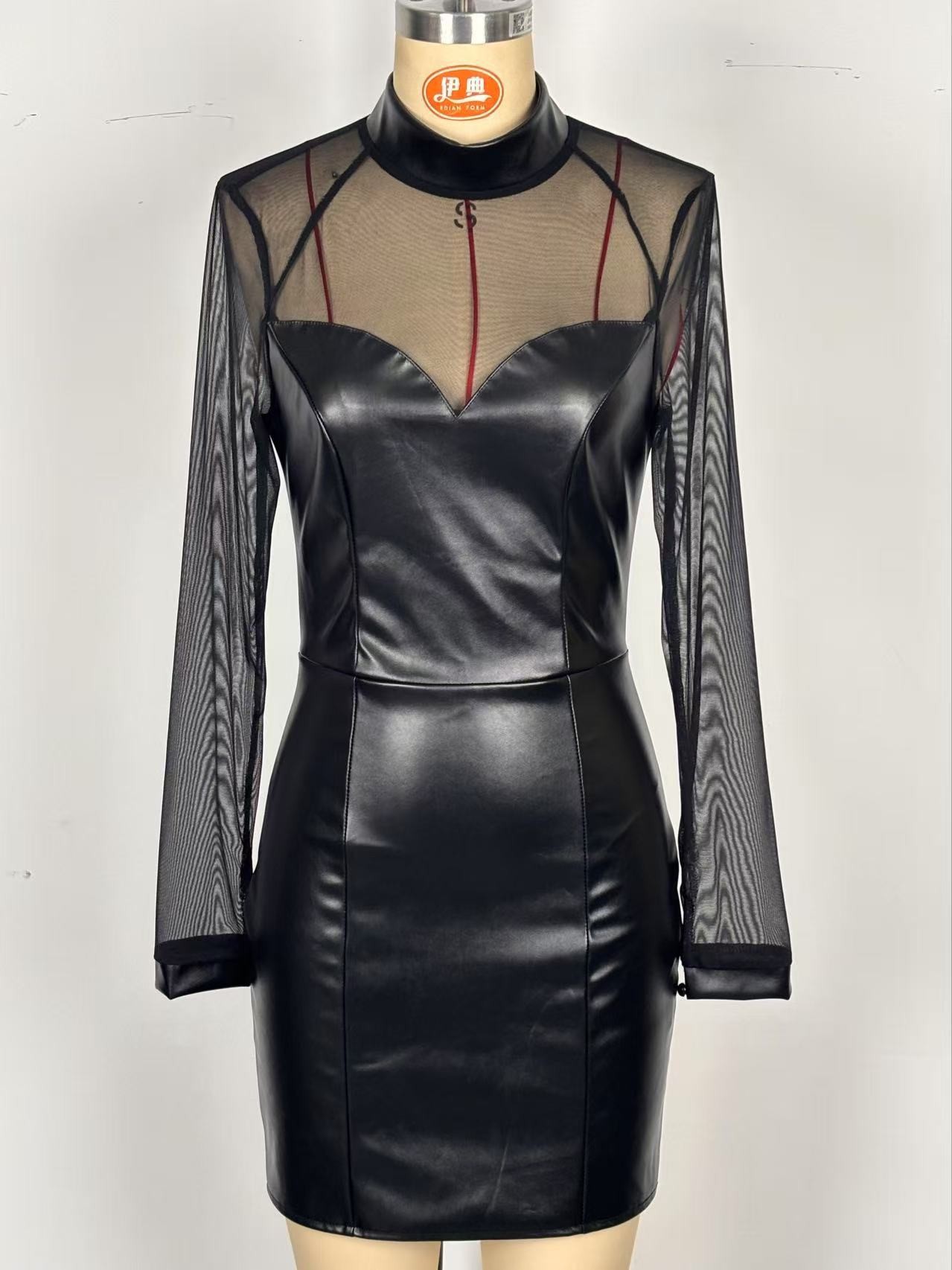 Black PU Leather Long Sleeve Mesh Patchwork Mock Neck Bodycon Dress