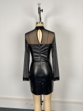 Black PU Leather Long Sleeve Mesh Patchwork Mock Neck Bodycon Dress