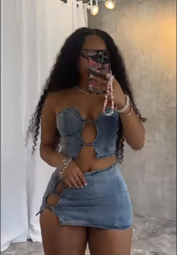 Sexy Denim Strapless Two Piece Sirt Set