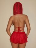 Red Hollow-Out Short Skirt Hooded Deep V-Neck Sexy Bikini Three-Piece Set