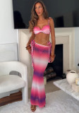 Sexy Three-Piece Color Block Braided Long Cover-Up Mesh Skirt Bikini Set