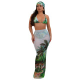 Sexy Beachwear Print Bikini swimwear with Cover-up Skirt Three-Piece Set