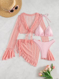 Long Sleeve Swimwear Set  Ruffle Trim Cover-Up Sun Protection Four-Piece Beachwear