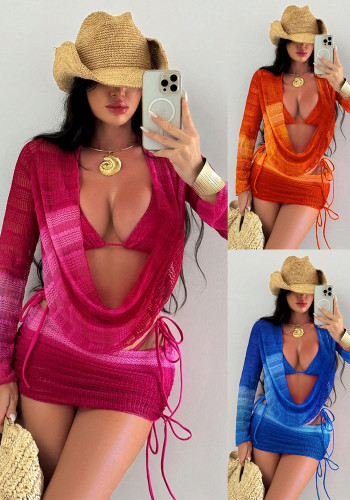 Four-Piece Swimwear Print Mesh Long Sleeve Beach Cover Up Sexy Bikini Set