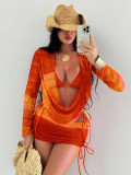 Four-Piece Swimwear Print Mesh Long Sleeve Beach Cover Up Sexy Bikini Set