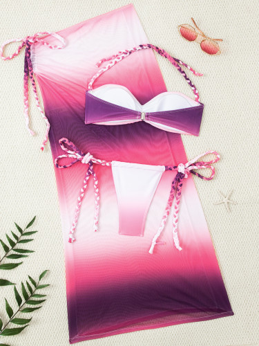 Sexy Three-Piece Color Block Braided Long Cover-Up Mesh Skirt Bikini Set