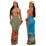 Sexy Beachwear Print Bikini swimwear with Cover-up Skirt Three-Piece Set