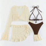 Long Sleeve Swimwear Set  Ruffle Trim Cover-Up Sun Protection Four-Piece Beachwear