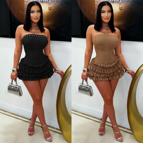 Women Strapless Eyelet Lace-up Layered Mini Dress