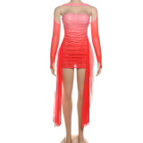 Mesh Halter Ruched Strapless Ribbon Bodycon Mini Dress