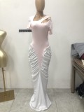 Sexy Color Patchwork Ruched Short Sleeve Party Maxi Dress