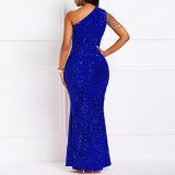 Sequin Slash Shoulder Maxi Evening Dress