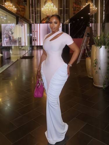 Sexy Color Patchwork Ruched Short Sleeve Party Maxi Dress