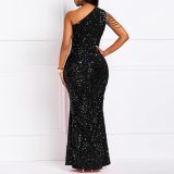 Sequin Slash Shoulder Maxi Evening Dress