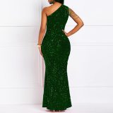 Sequin Slash Shoulder Maxi Evening Dress