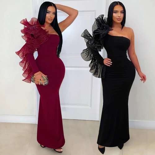 Elegant Ruffle Slash Maxi Evening Dress