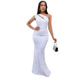 Sequin Slash Shoulder Maxi Evening Dress