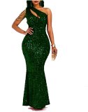 Sequin Slash Shoulder Maxi Evening Dress