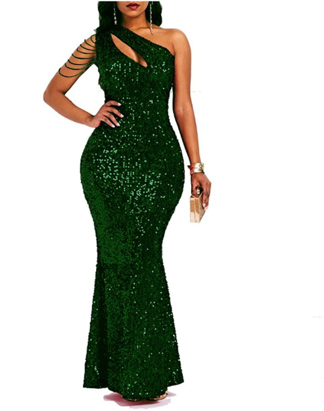 Sequin Slash Shoulder Maxi Evening Dress