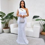 Sequin Slash Shoulder Maxi Evening Dress