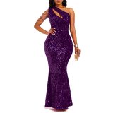 Sequin Slash Shoulder Maxi Evening Dress