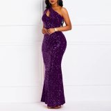 Sequin Slash Shoulder Maxi Evening Dress