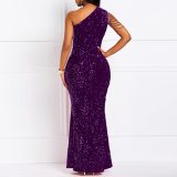 Sequin Slash Shoulder Maxi Evening Dress